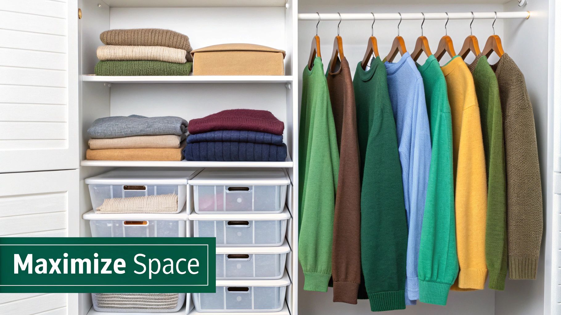 An organized closet featuring folded sweaters, clear storage bins, and colorful hanging sweaters, demonstrating space maximization.