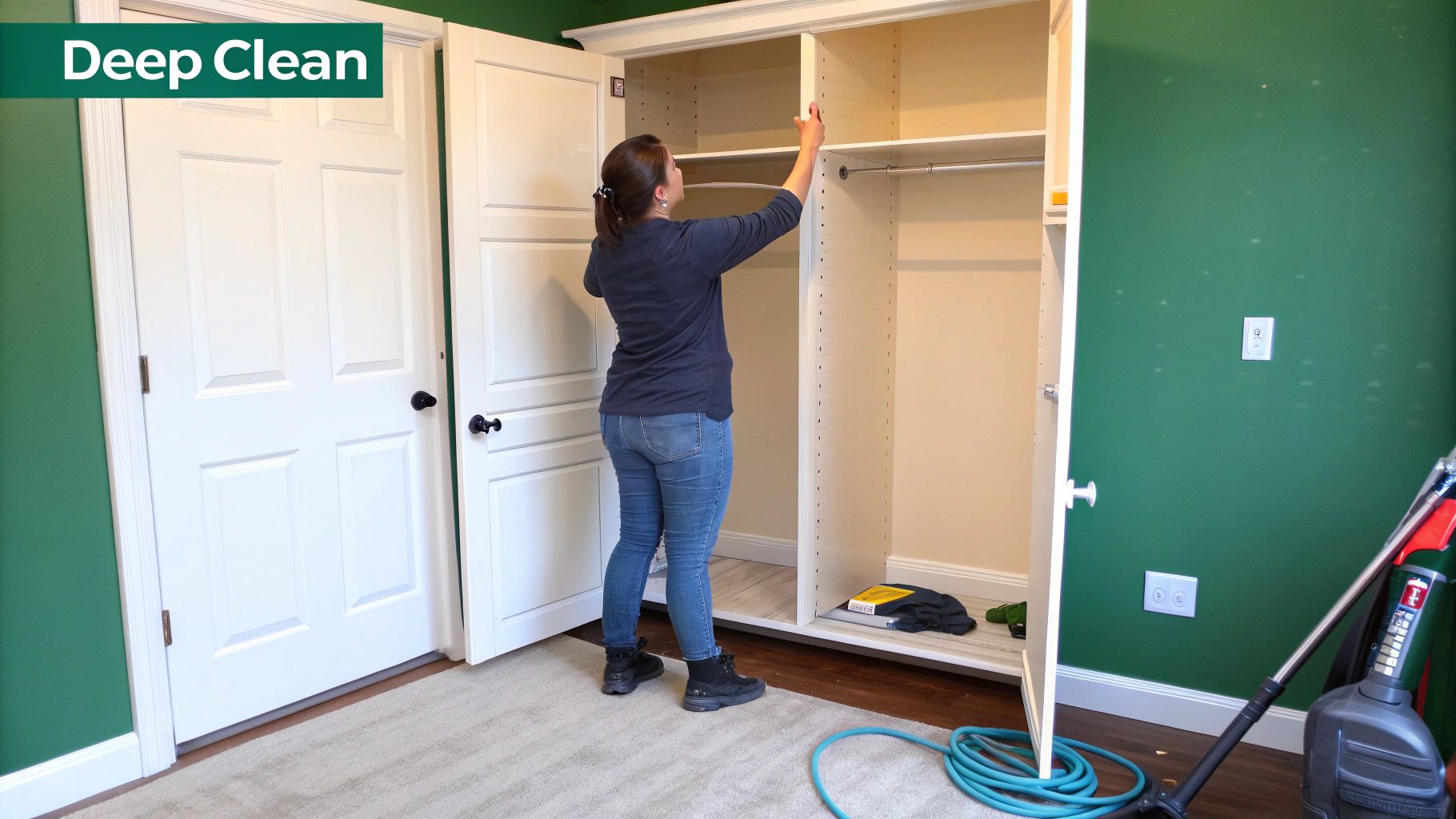 A woman organizes an empty closet with white doors and shelves during a deep clean.
