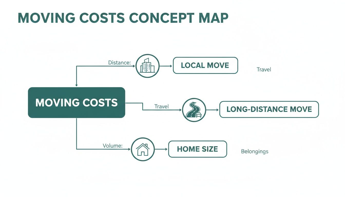 Concept map illustrating moving costs, categorized by distance for local and long-distance moves, and home size.