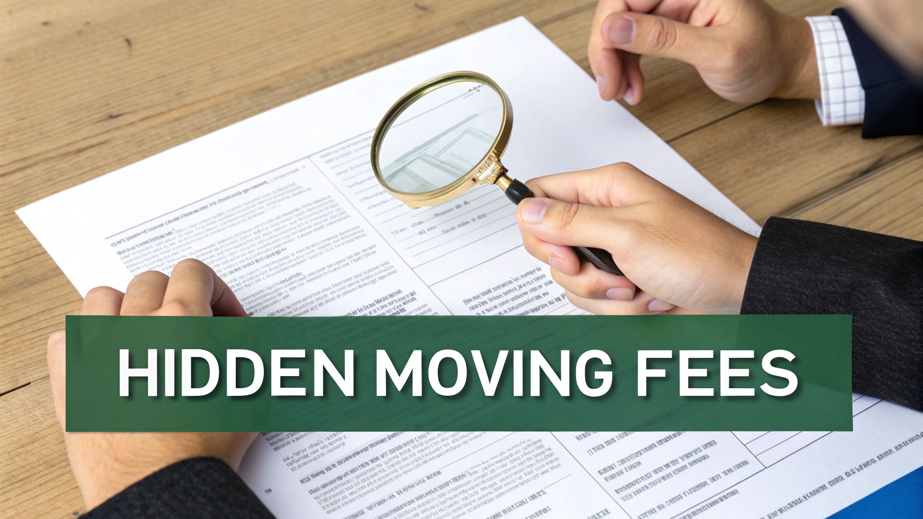 A person uses a magnifying glass to review a document, highlighting 'Hidden Moving Fees'.