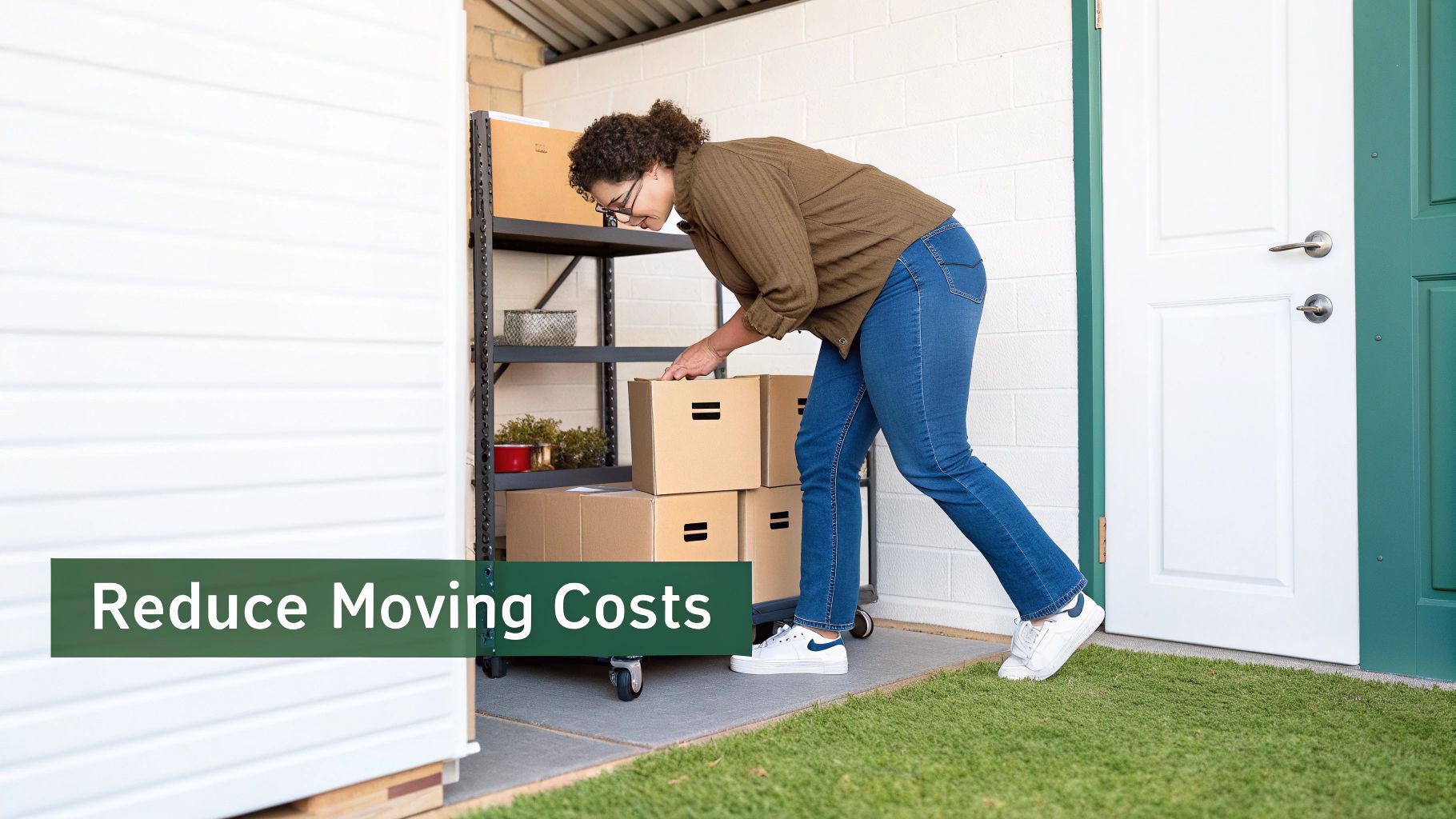 A woman organizes moving boxes onto a wheeled cart in an outdoor storage area, reducing costs.