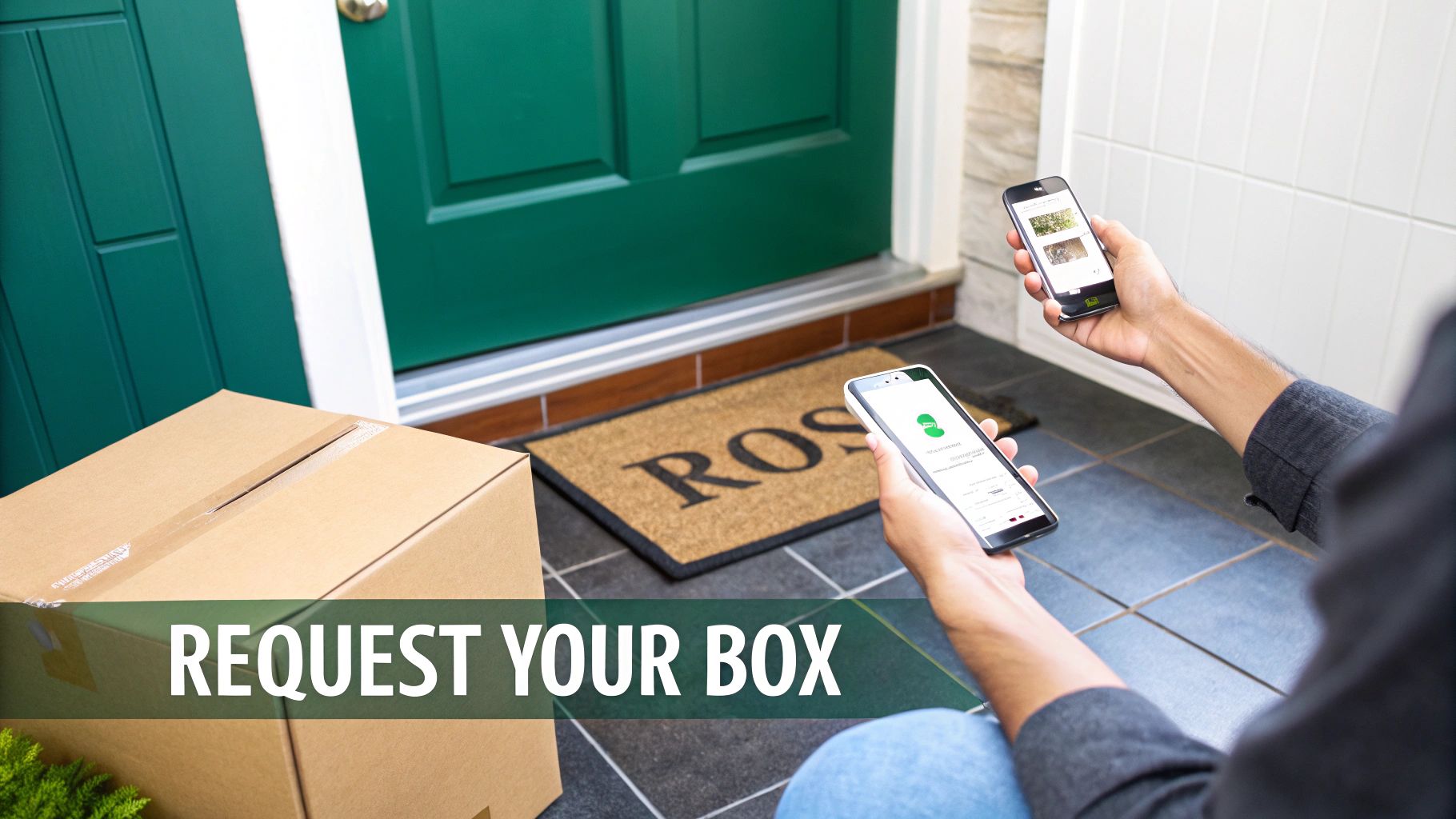 Hands holding two smartphones displaying delivery tracking and security footage, with a cardboard box on the doorstep.