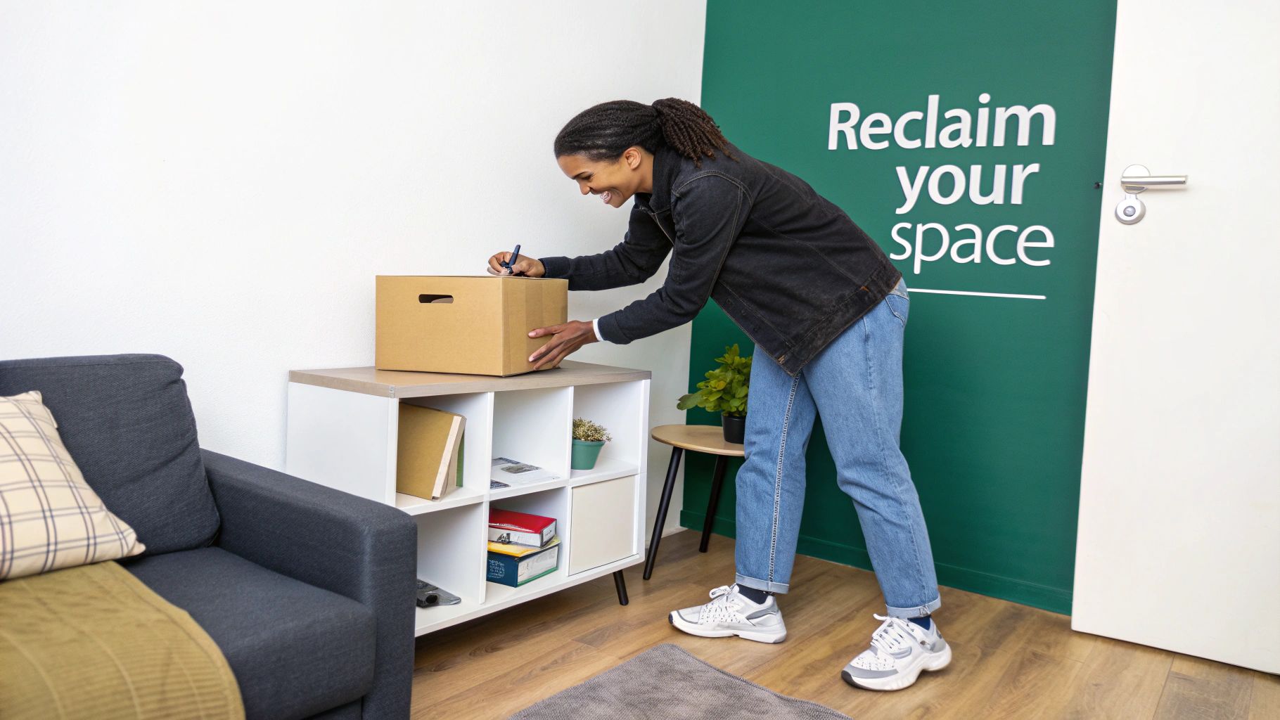 Woman happily labels a cardboard box on a shelf, preparing to reclaim her space.