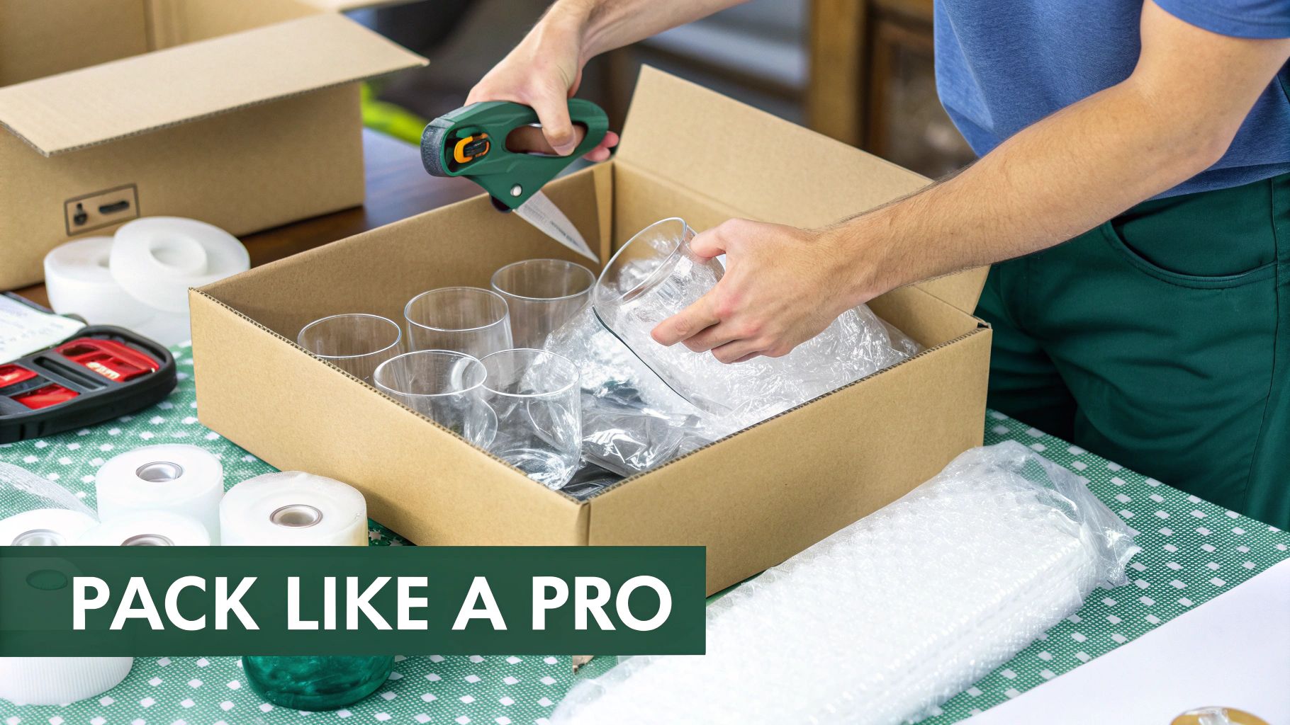 A person carefully packing delicate glasses with bubble wrap into a cardboard box.