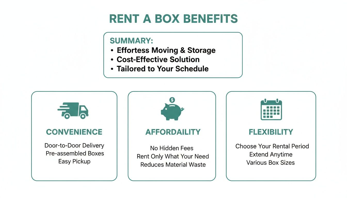 Infographic detailing the benefits of Rent a Box services, including convenience, affordability, and flexibility.