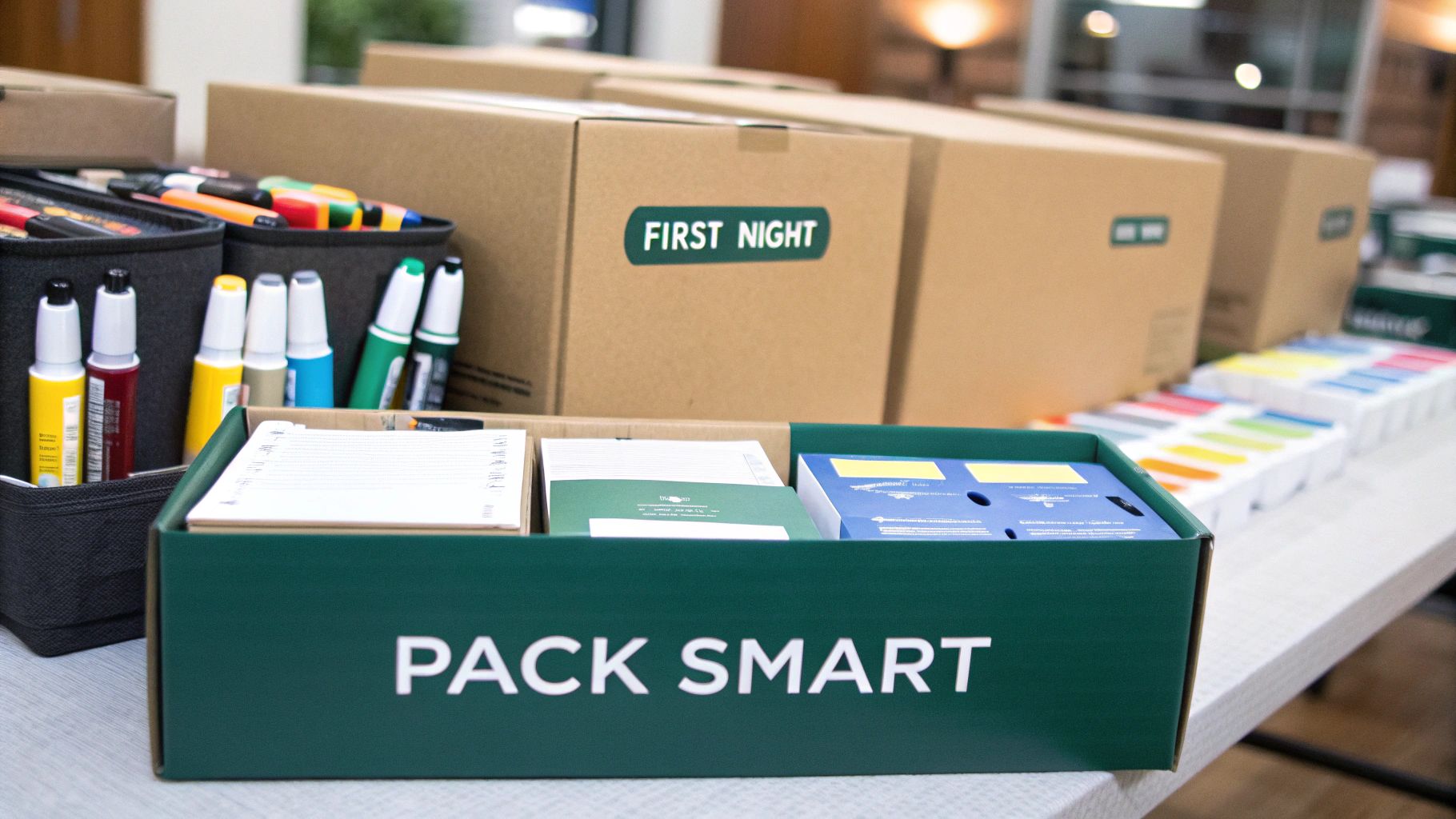 Packing supplies, boxes, and markers on a table, including a box labeled 'PACK SMART' and 'FIRST NIGHT'.