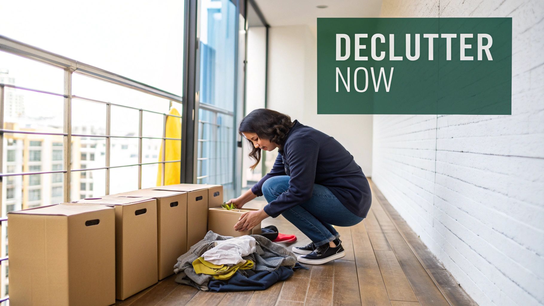 A woman sorts items into cardboard boxes and clothes, decluttering her apartment.