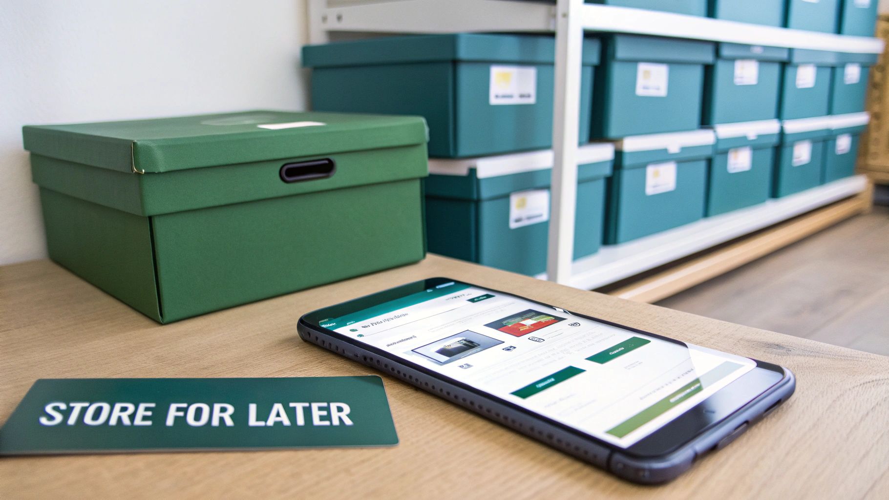A green storage box, a smartphone, and a 'Store for Later' sign on a wooden desk with shelves of boxes.