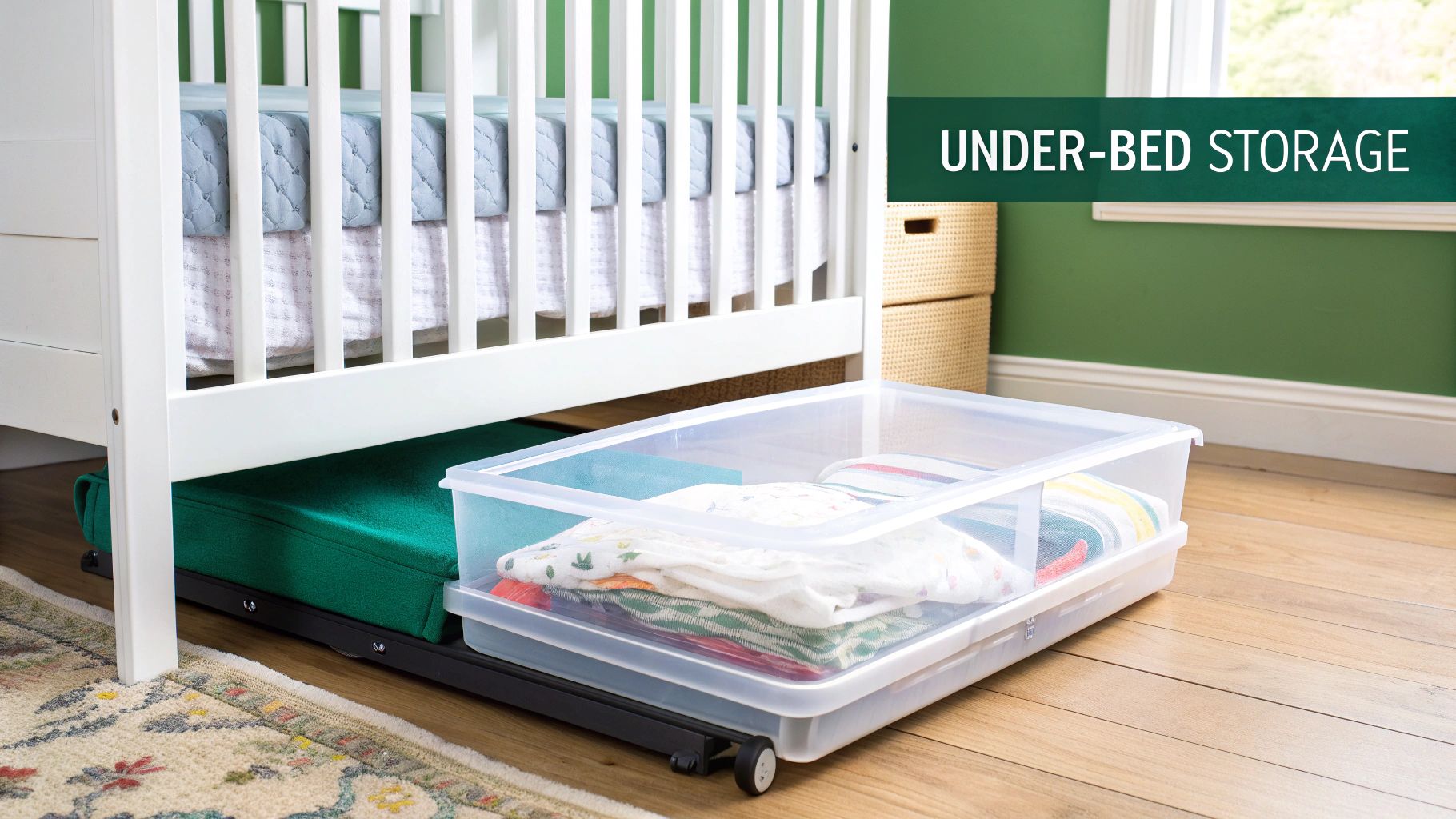 Clear plastic container with baby clothes stored under a white crib, optimizing nursery space.