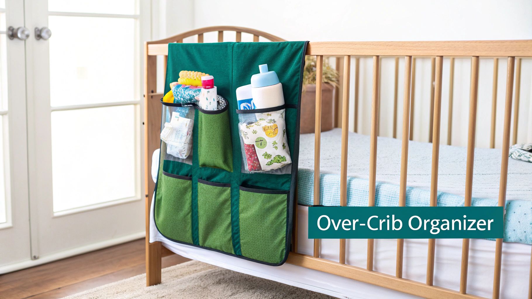 Green fabric over-crib organizer with pockets full of baby diapers, bottles, and essentials.