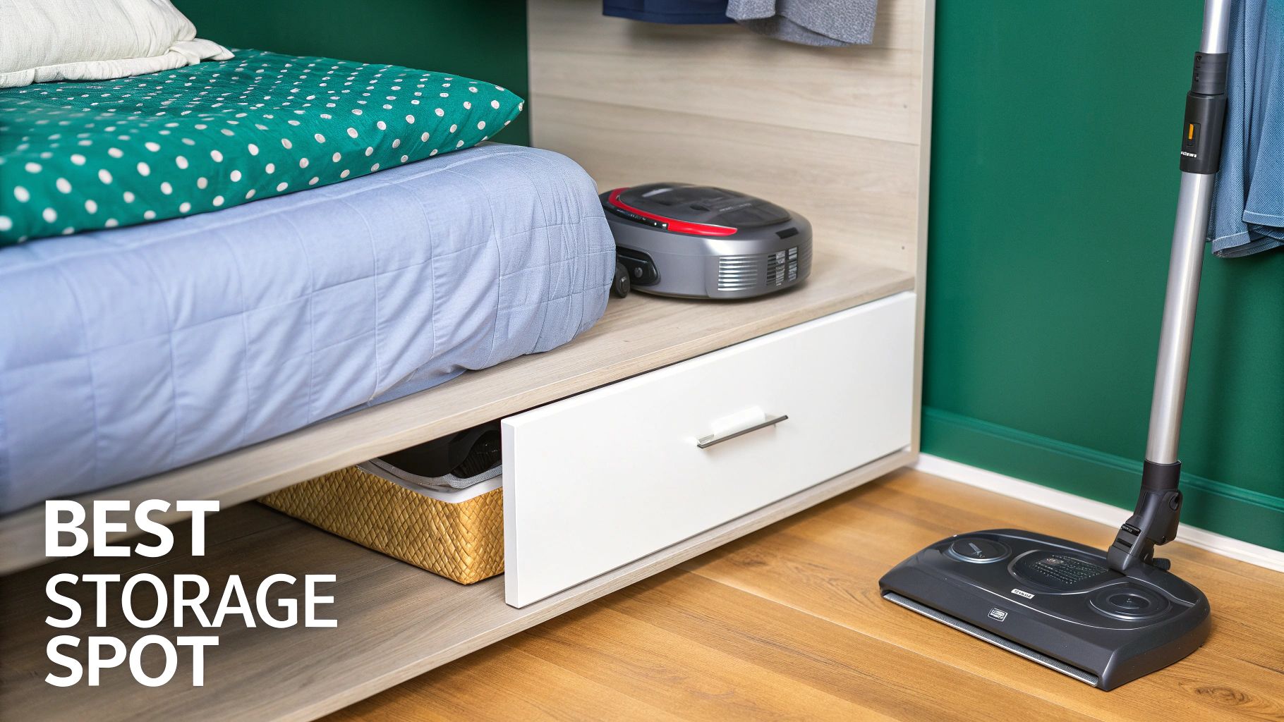 Bedroom with a wooden bed frame featuring integrated underbed storage, a drawer, basket, and two vacuum cleaners.