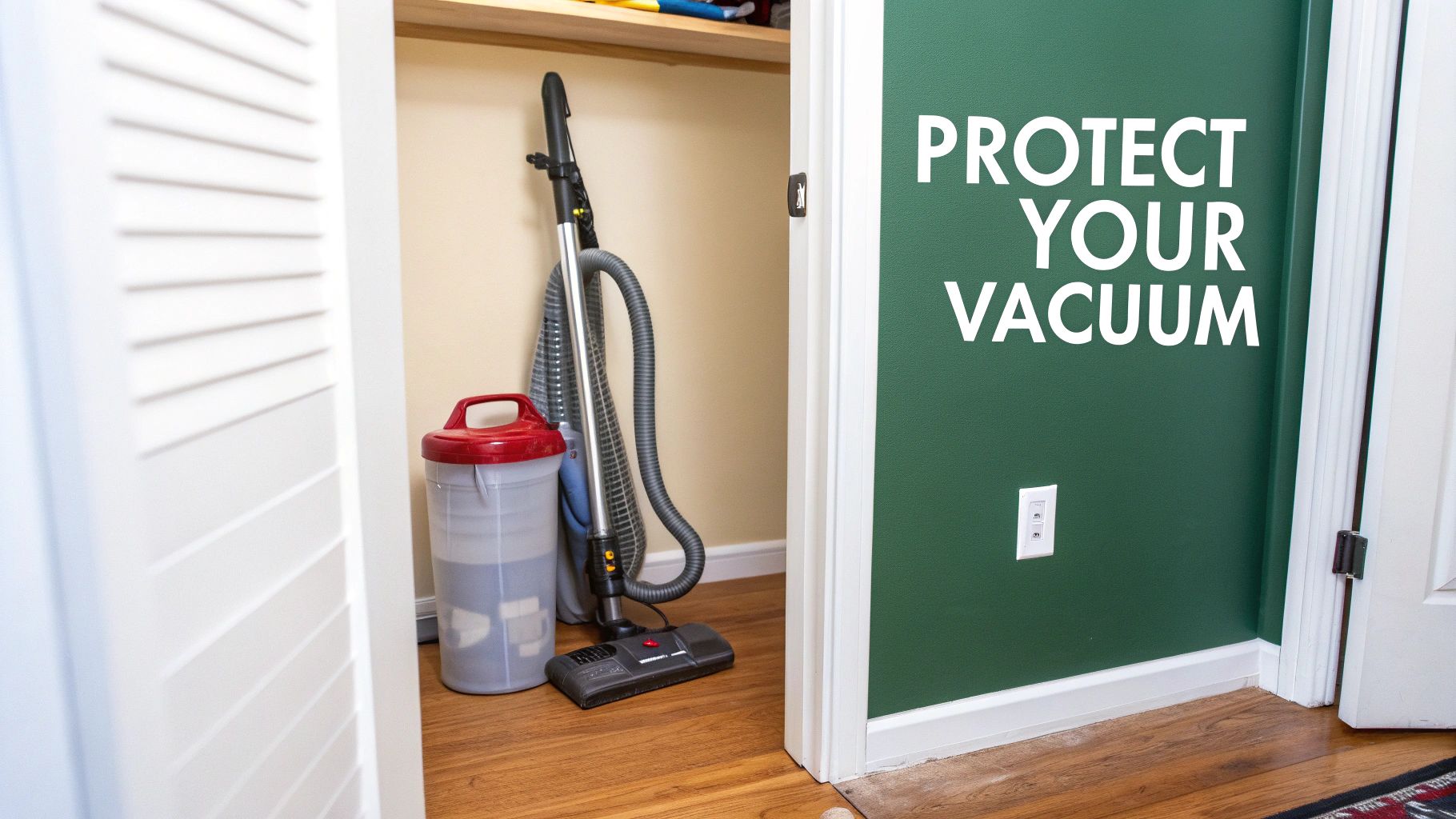 An upright vacuum cleaner with a red canister is neatly stored in a utility closet with a wooden floor.