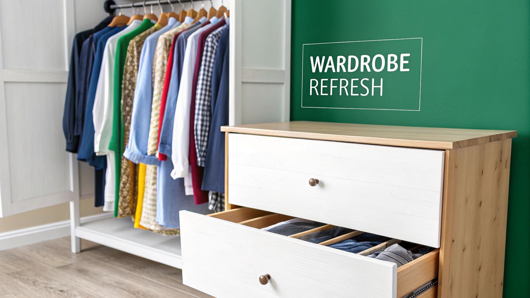 An open white wardrobe with colorful clothes, an organized dresser, and 'WARDROBE REFRESH' text on a green wall.