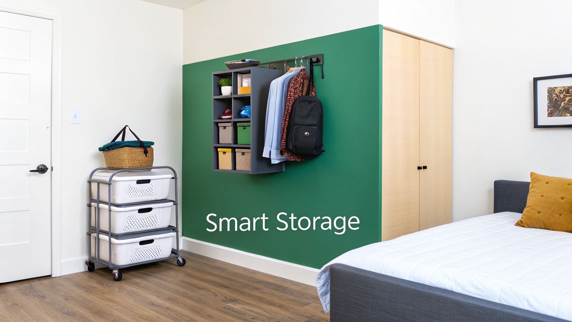 A modern bedroom featuring a wall-mounted storage unit, rolling cart, and built-in closet for smart organization.