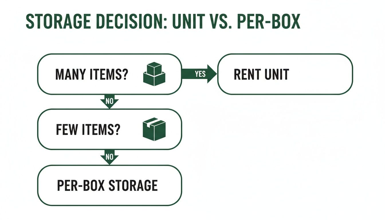 Flowchart visually explains storage choices: rent a unit for many items, or opt for per-box storage otherwise.