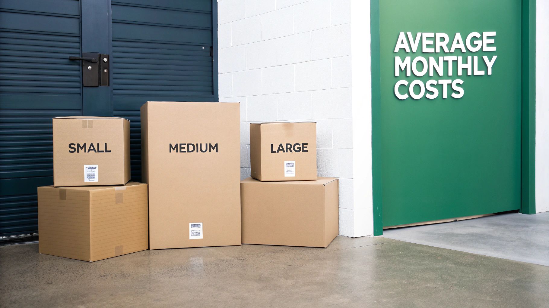 Cardboard moving boxes labeled Small, Medium, Large next to storage units and a sign about monthly costs.