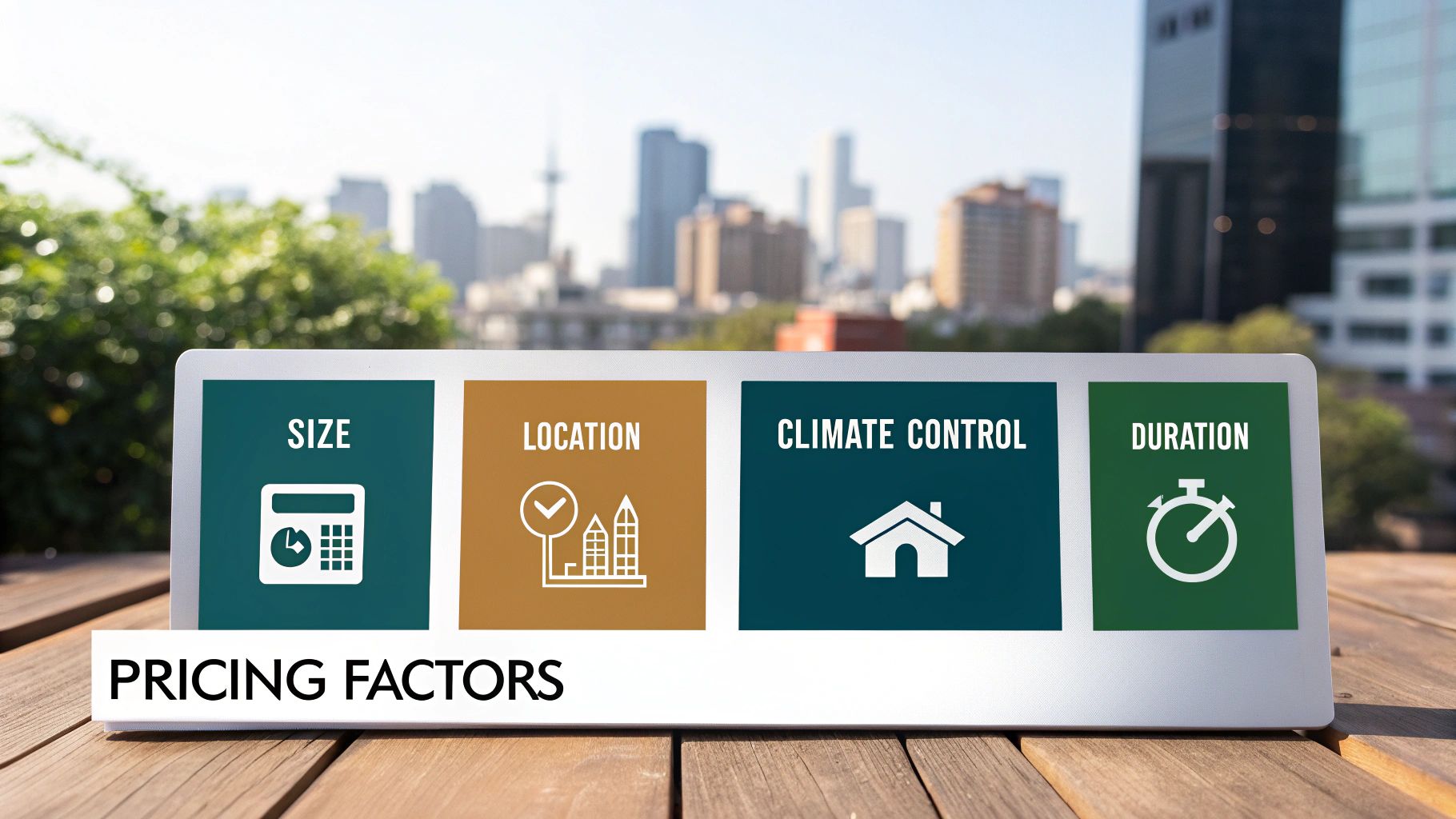 A display board illustrates four key pricing factors: size, location, climate control, and duration, set against a city backdrop.