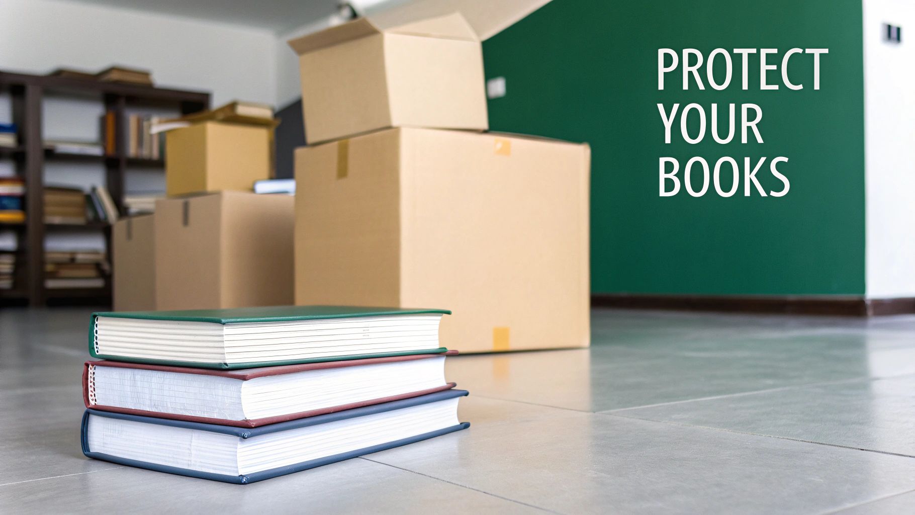 Stack of three books on a floor with moving boxes and a bookshelf, emphasizing book protection.