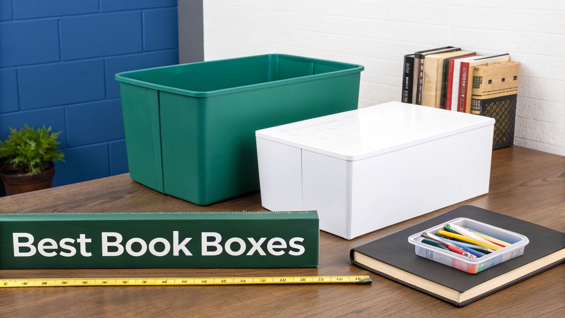 Various book storage solutions, including green and white boxes, on a wooden desk with books and office supplies.
