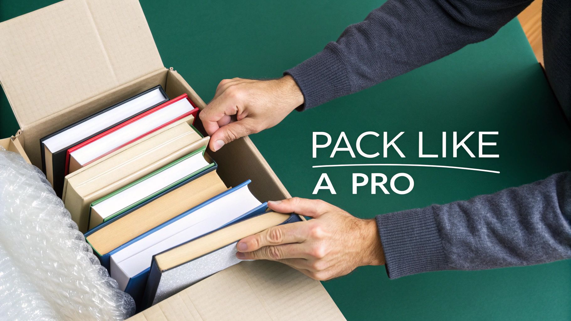 A person's hands carefully pack colorful books into a cardboard box with bubble wrap on a green table.