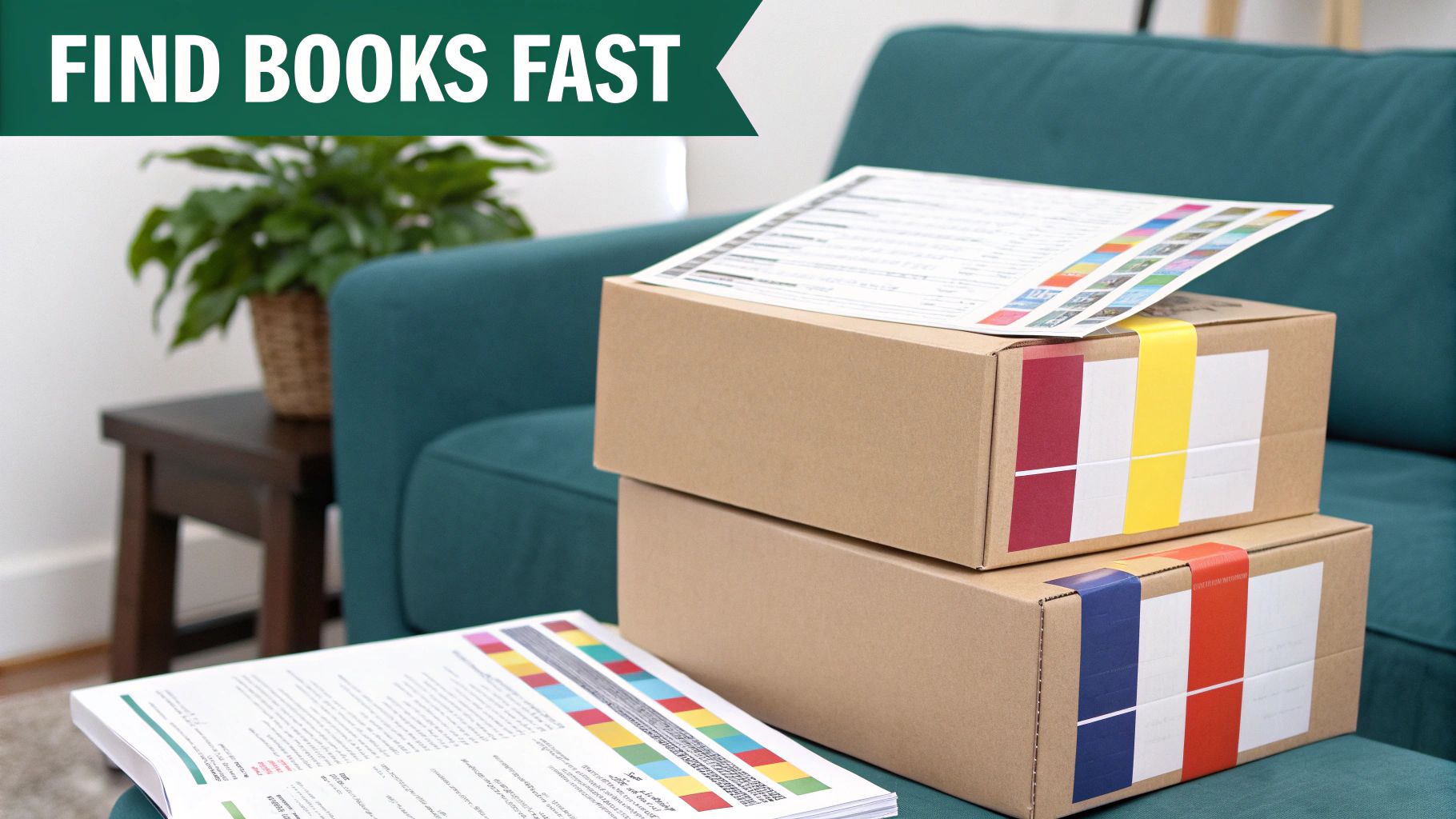Two stacked cardboard boxes with colorful tape, papers with color charts, and a "Find Books Fast" banner.