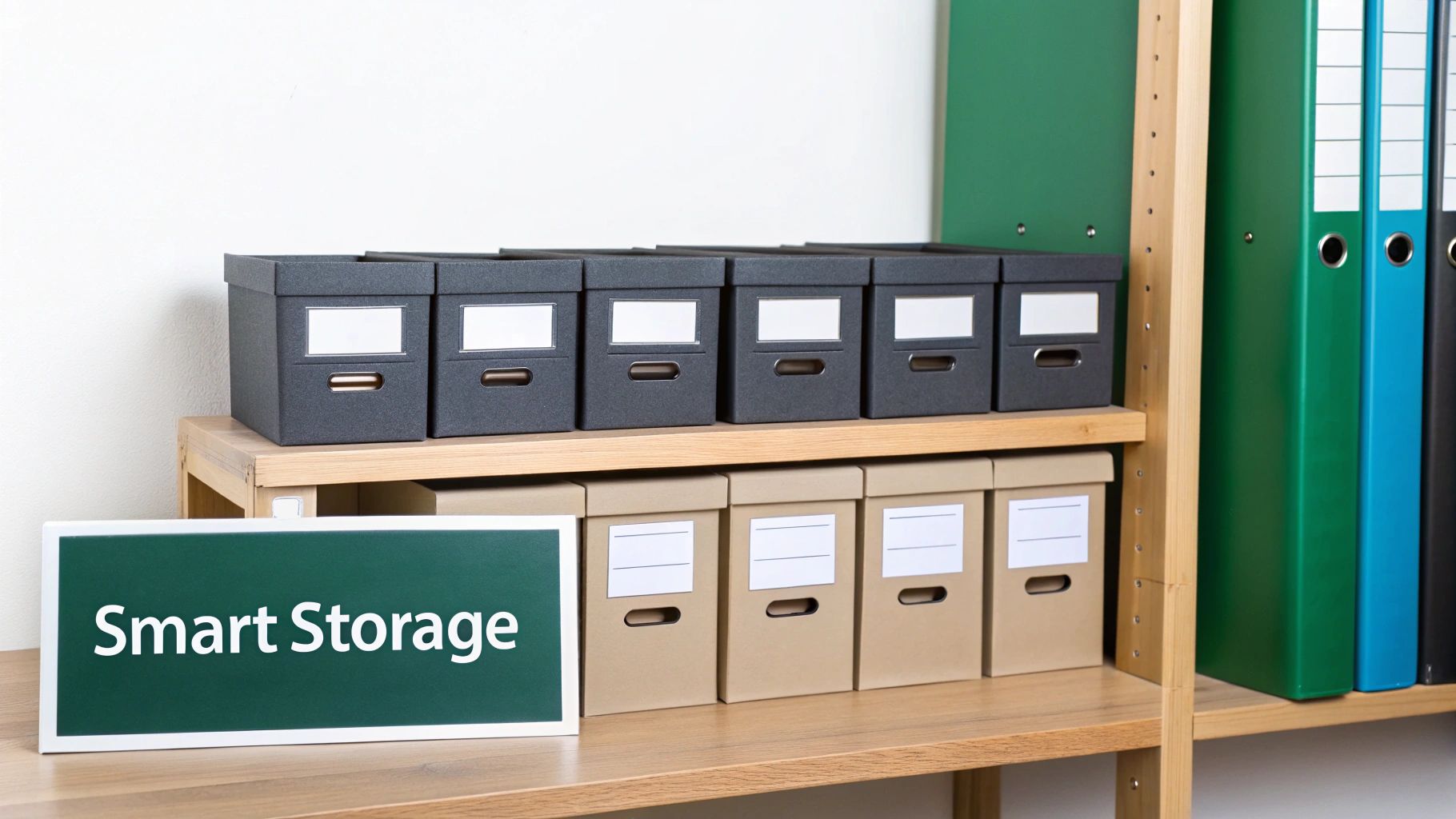 Various storage boxes and binders neatly organized on a wooden shelf with a "Smart Storage" sign.