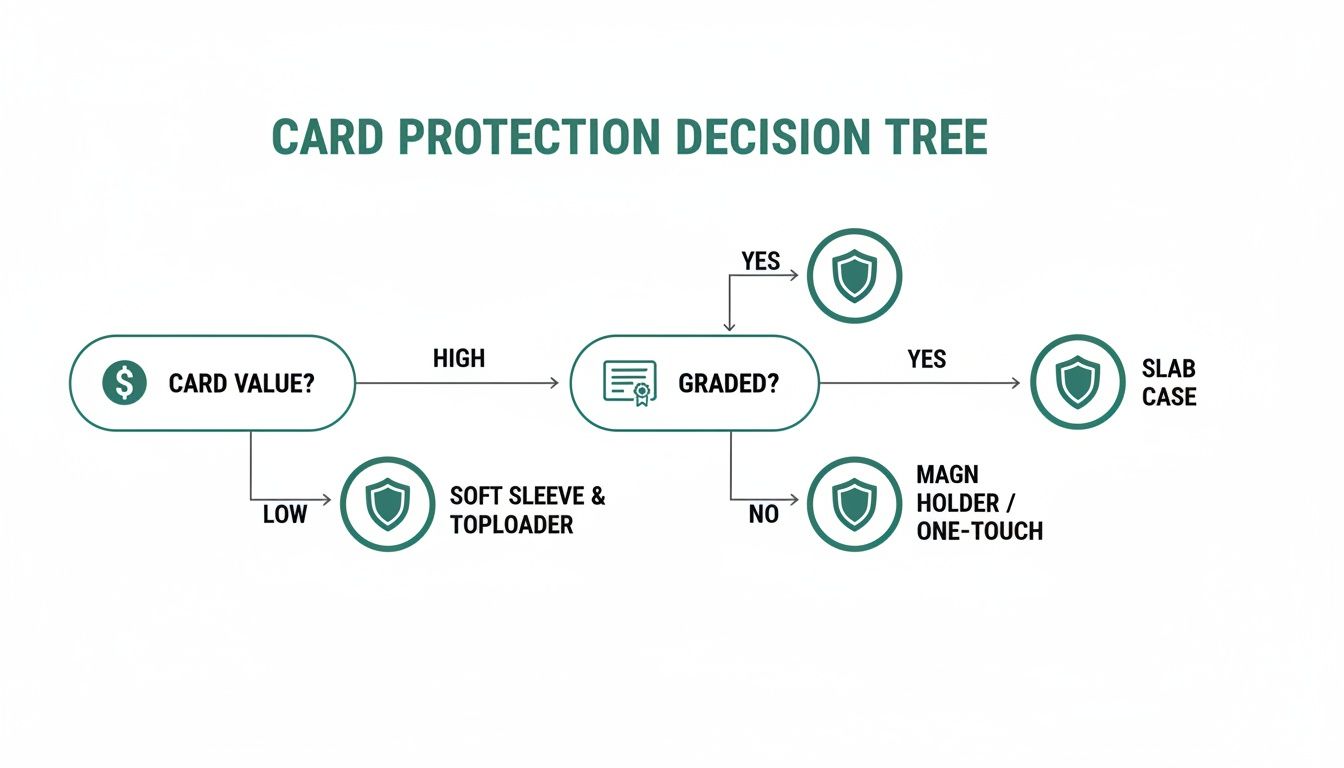 Decision tree for card protection based on value and grading status, showing different protective options.