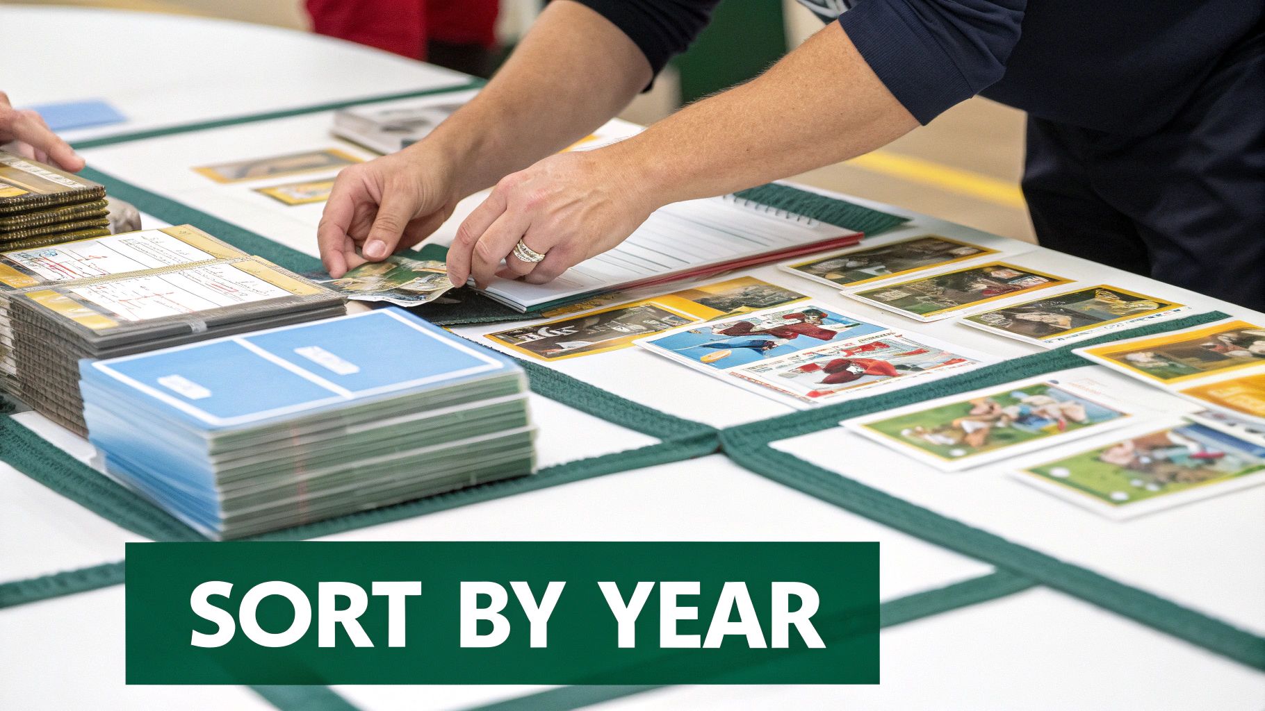 Close-up of hands sorting a collection of trading cards or memorabilia on a table.