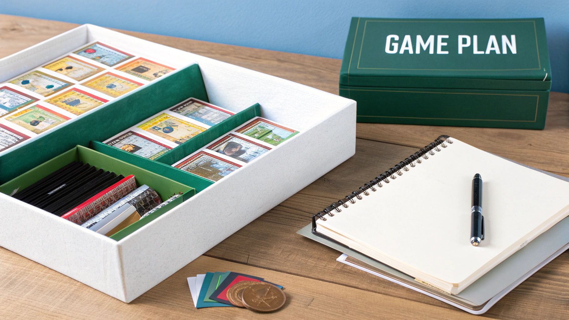 White game organizer box with green dividers filled with cards and game pieces on a wooden table.