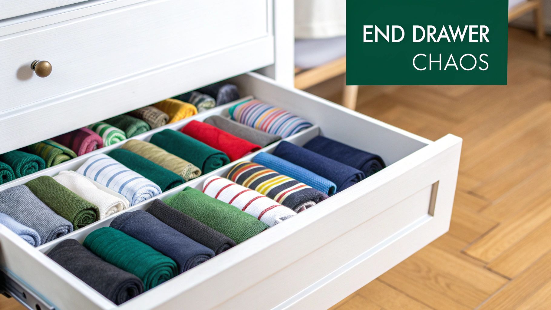 An open drawer with a divider, filled with many pairs of neatly rolled and organized colorful socks.