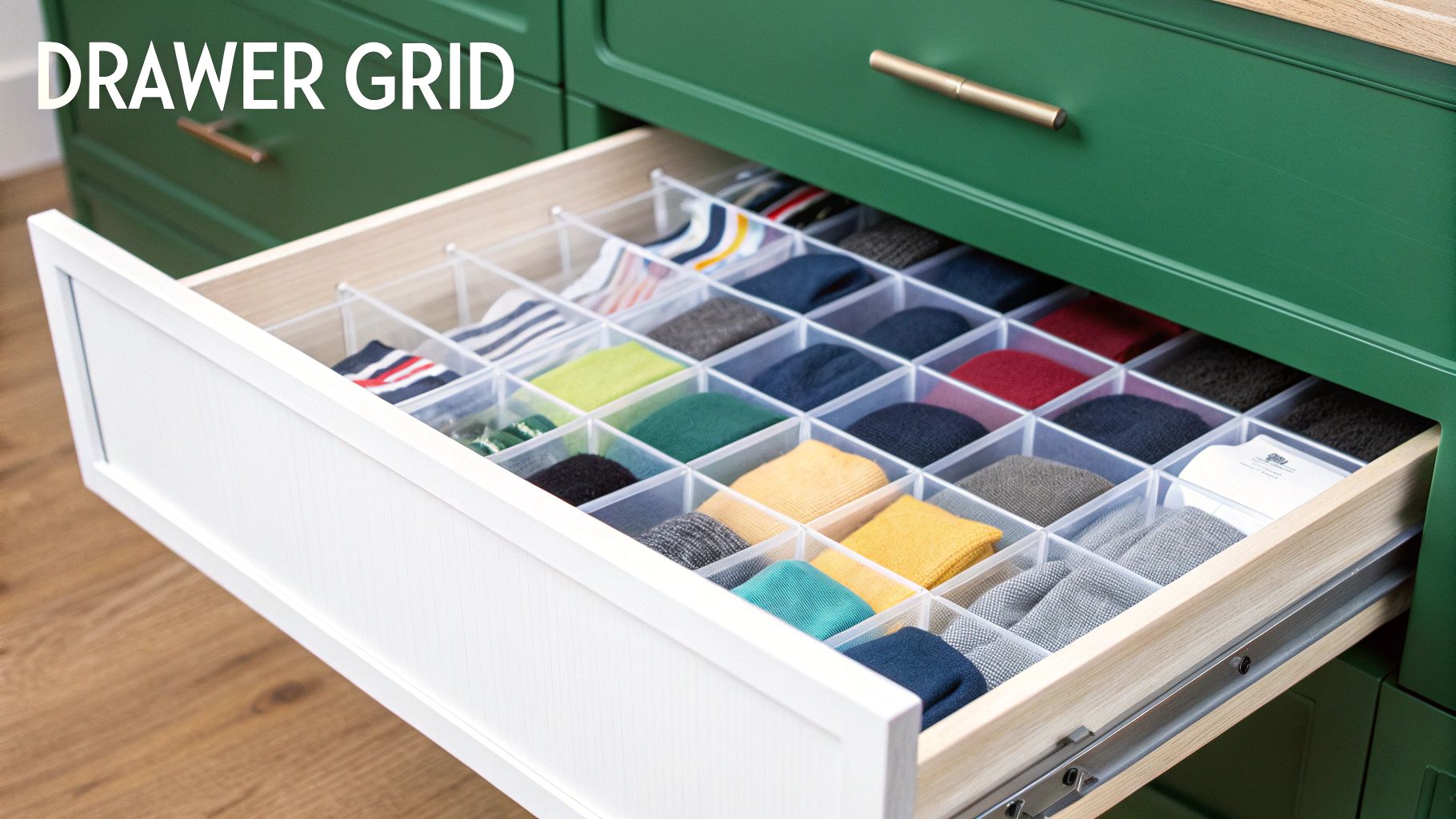 An open white drawer featuring a clear grid organizer, neatly arranged with colorful folded socks and small items inside a green cabinet.