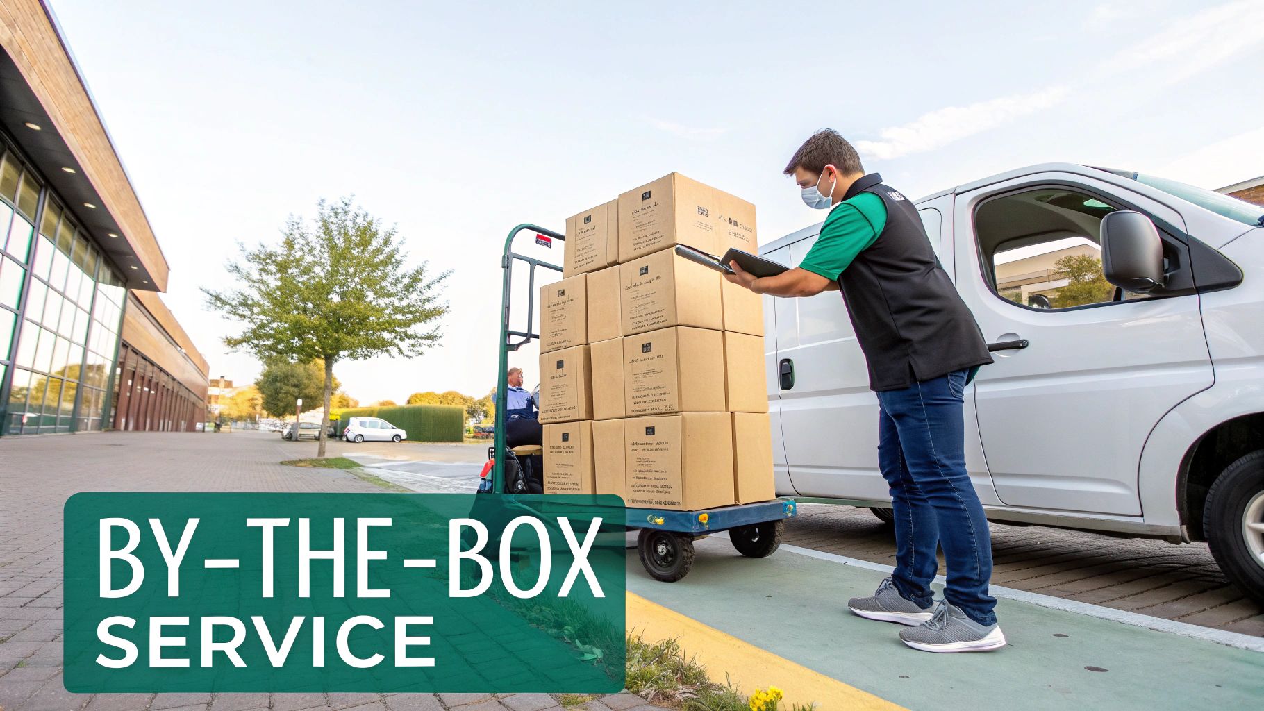 A delivery driver in a mask checks a tablet next to a dolly stacked with moving boxes, showcasing 'By-the-Box Service'.