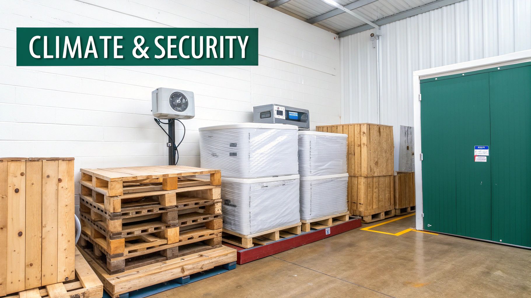 Interior view of a climate-controlled self-storage facility with various packed items, pallets, and a green storage unit door.