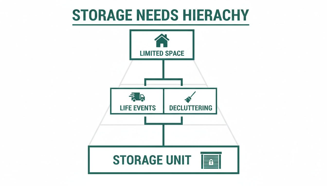 Diagram of storage needs hierarchy: Limited space leads to life events, decluttering, and a storage unit.