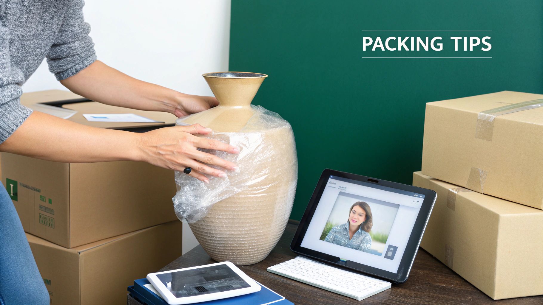 A person carefully wraps a beige vase in bubble wrap, preparing it for moving, with cardboard boxes and a tablet nearby.