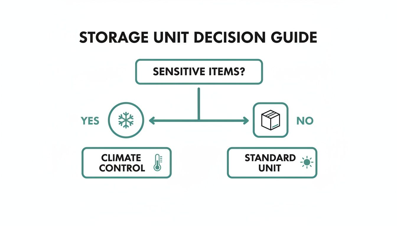Flowchart guiding storage unit choice: sensitive items need climate control, non-sensitive items need a standard unit.