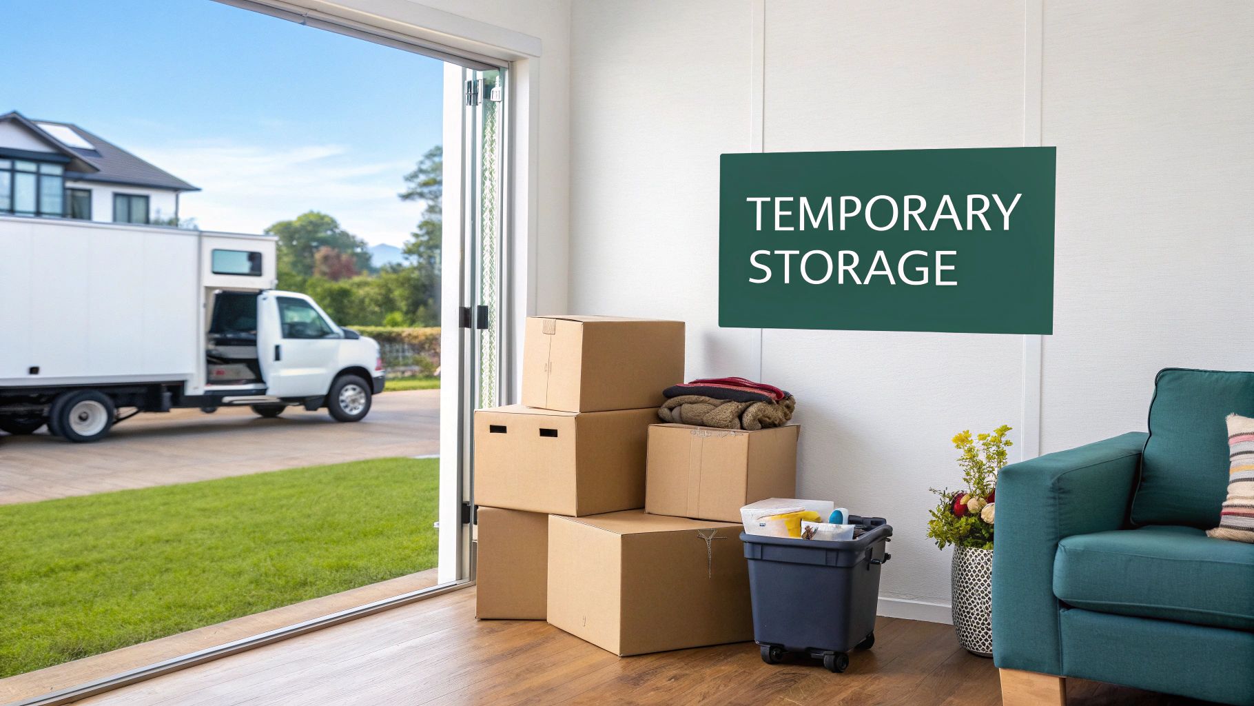 A moving truck outside an open doorway leading to a room with stacked cardboard boxes and a 'TEMPORARY STORAGE' sign.