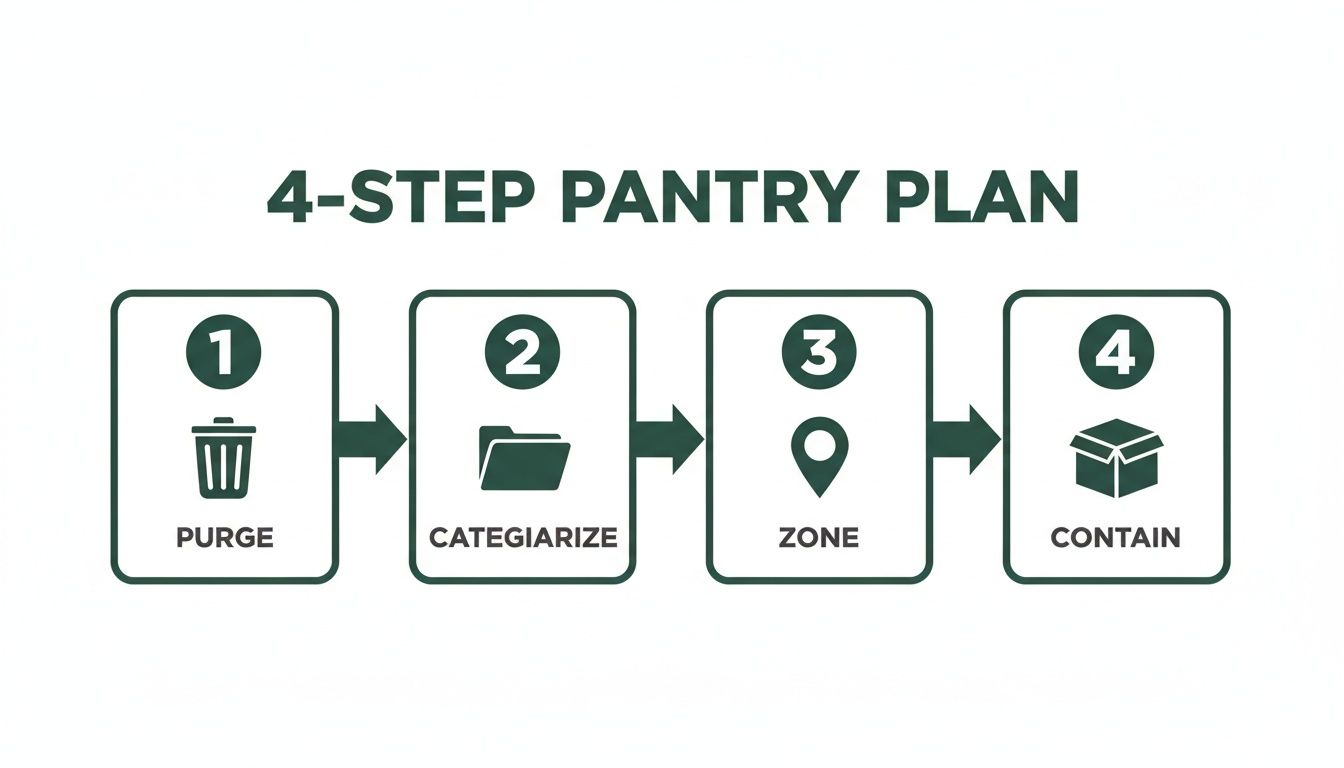 A 4-step pantry organization plan showing icons for purge, categorize, zone, and contain.