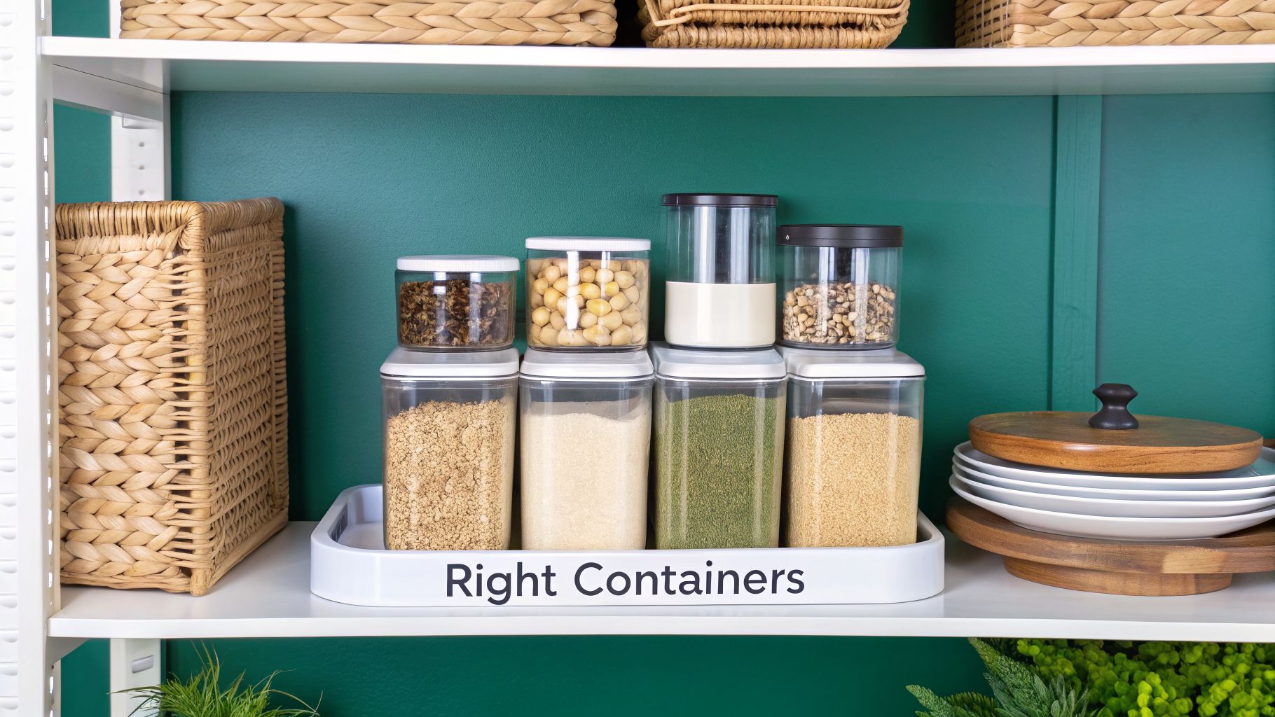 A beautifully organized pantry shelf with various clear food storage containers and wicker baskets.