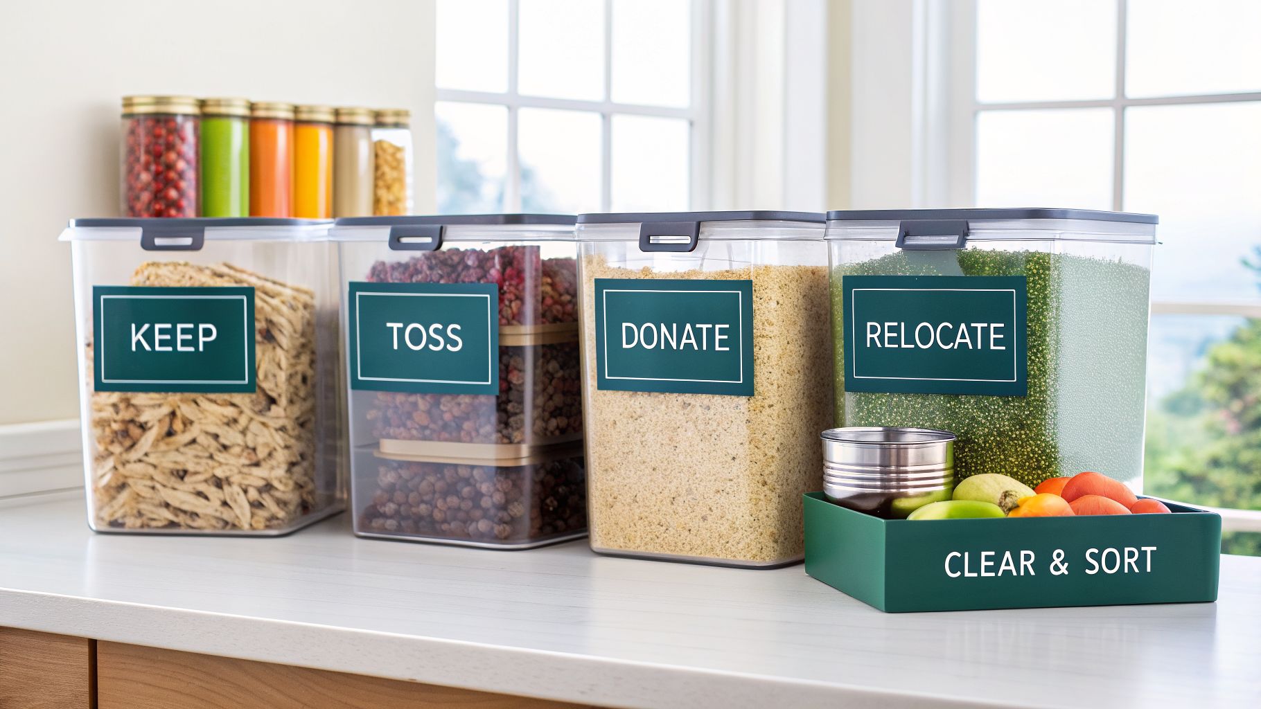 Four labeled containers for pantry organization: Keep, Toss, Donate, Relocate, with a Clear & Sort bin.