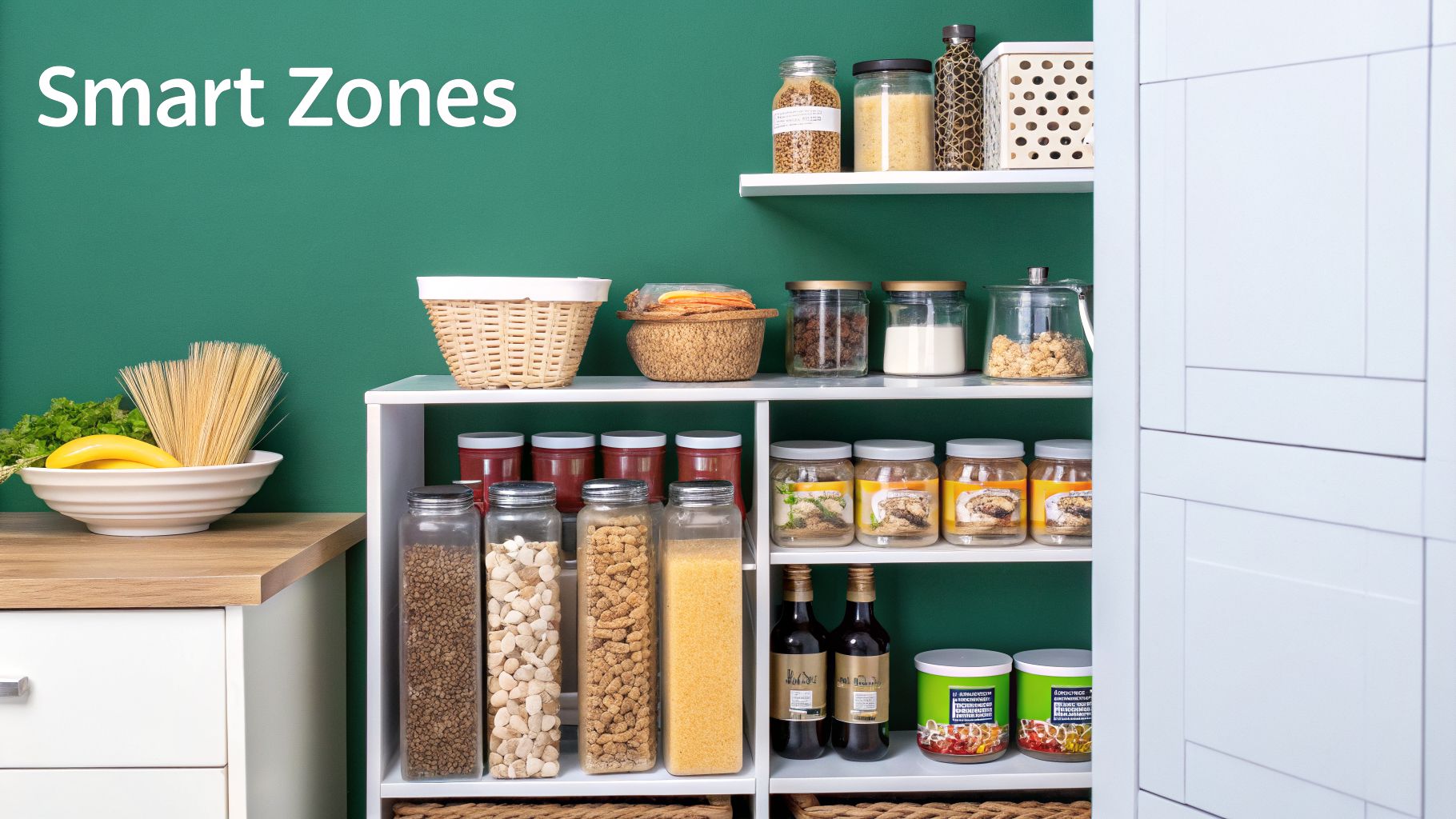 An organized kitchen pantry with white shelves, various food items in clear jars, baskets, and fresh produce.