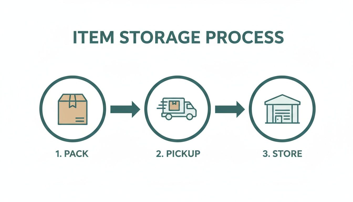 Infographic showing three steps for item storage: pack a box, pickup by truck, and store in a warehouse.