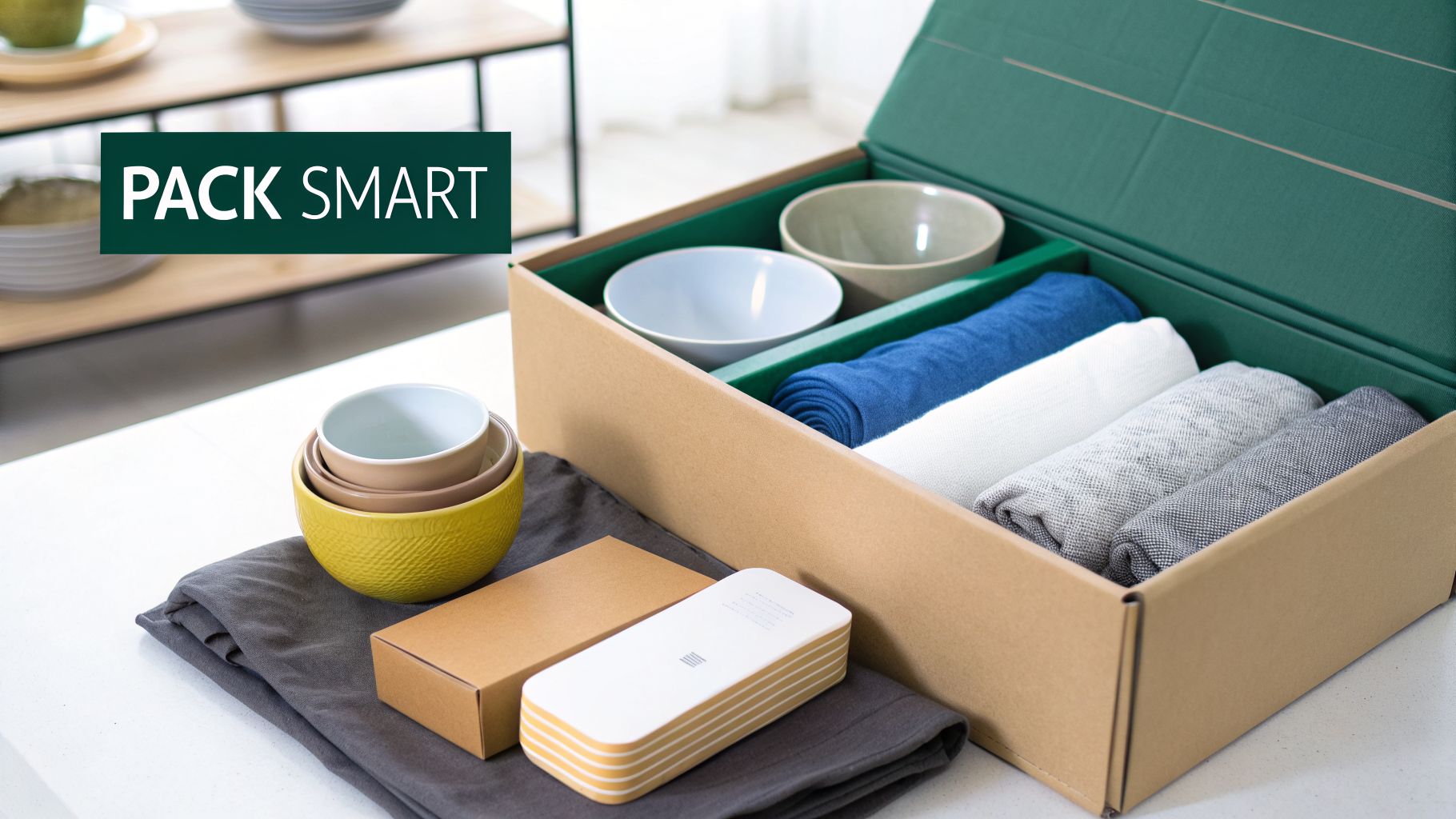 Organized packing display featuring nesting bowls, rolled linens, and a storage box for home essentials.