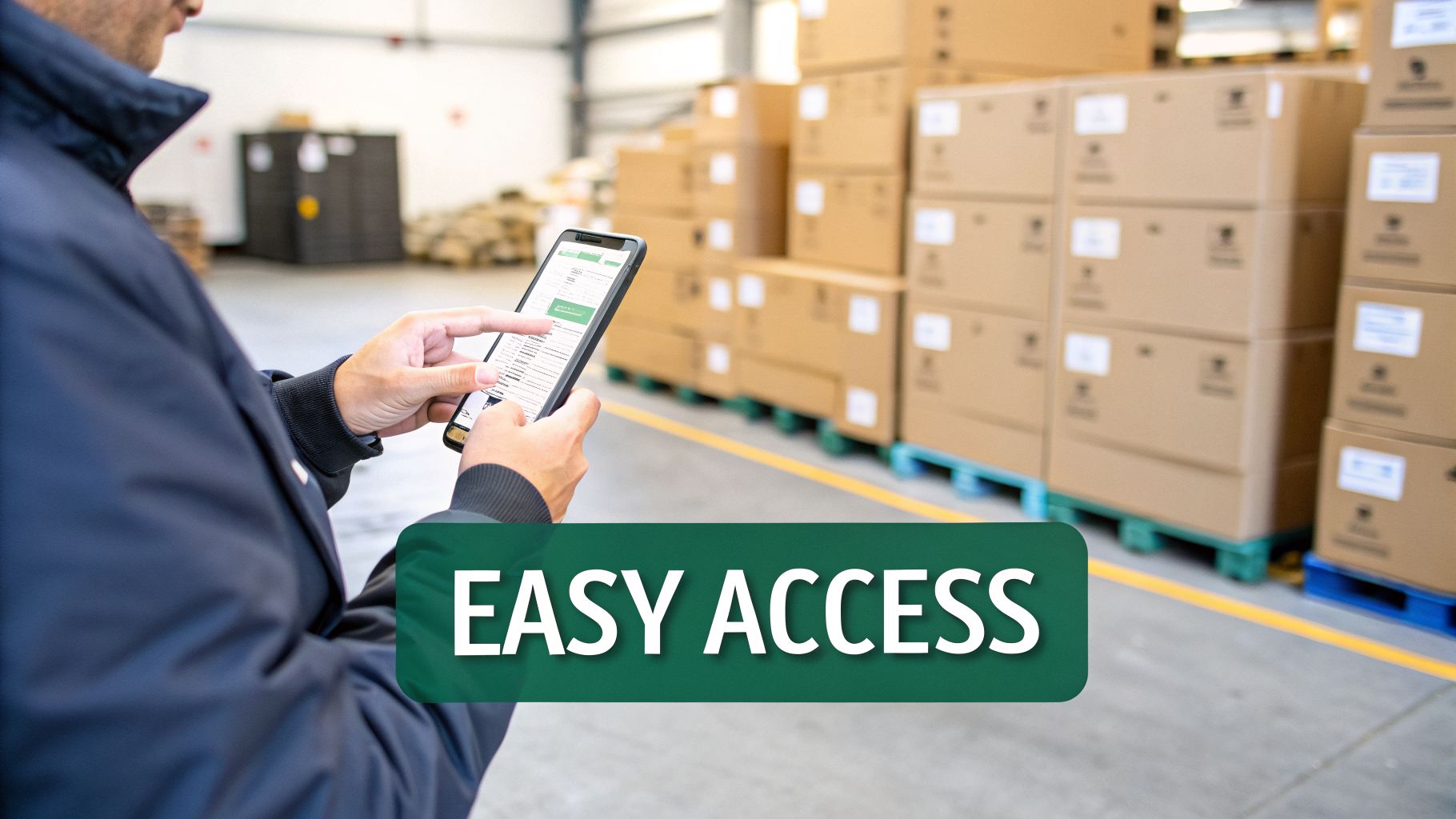 A person in a warehouse using a smartphone to manage inventory among stacks of cardboard boxes.