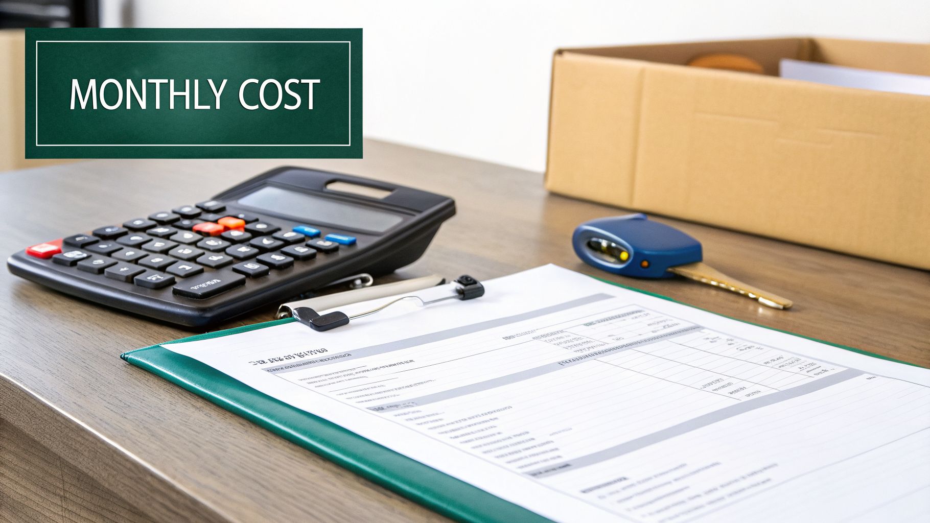 Calculating monthly costs with a calculator, documents, pen, car key, and a 'MONTHLY COST' sign.