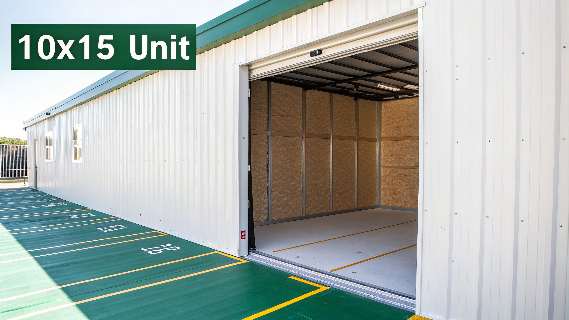 A modern self-storage facility building with an open 10x15 unit and green parking spaces.