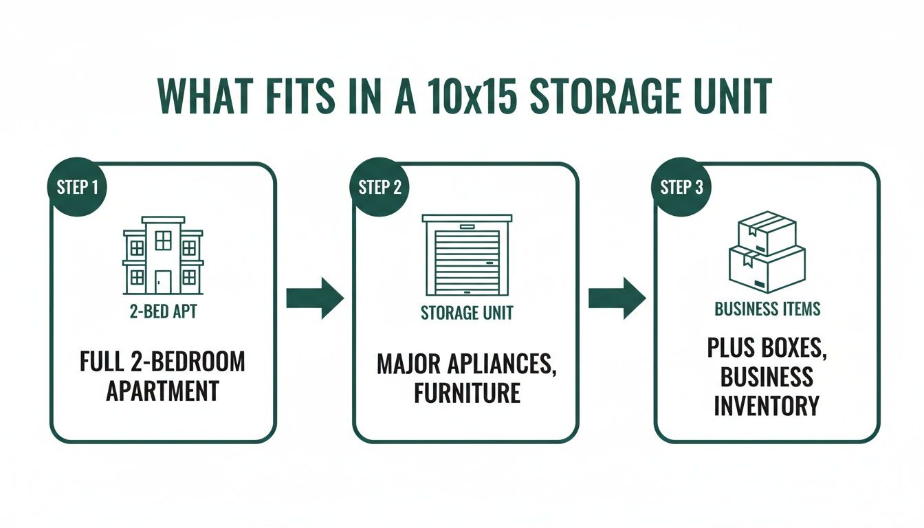 Infographic showing what a 10x15 storage unit can hold: a full 2-bedroom apartment, major appliances, furniture, boxes, and business inventory.