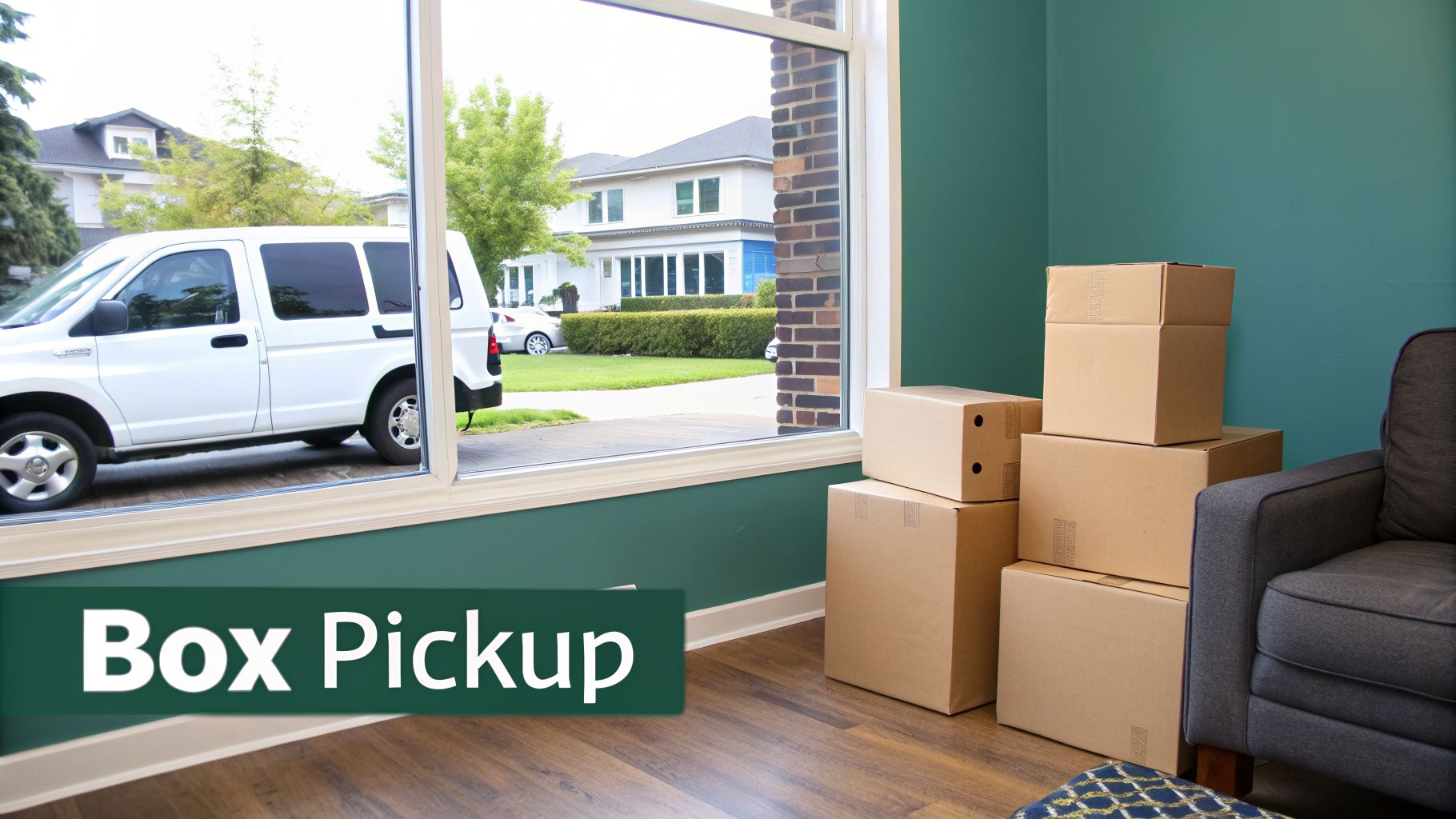 Moving boxes are stacked by a window, with a white van and houses visible outside. Text: Box Pickup.