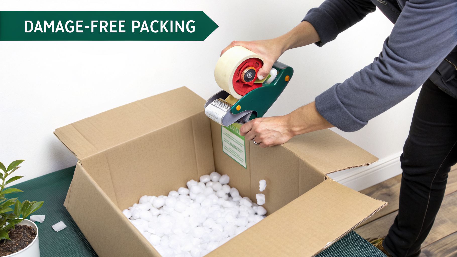 A person is taping a cardboard box filled with white packing peanuts, ensuring damage-free packing.