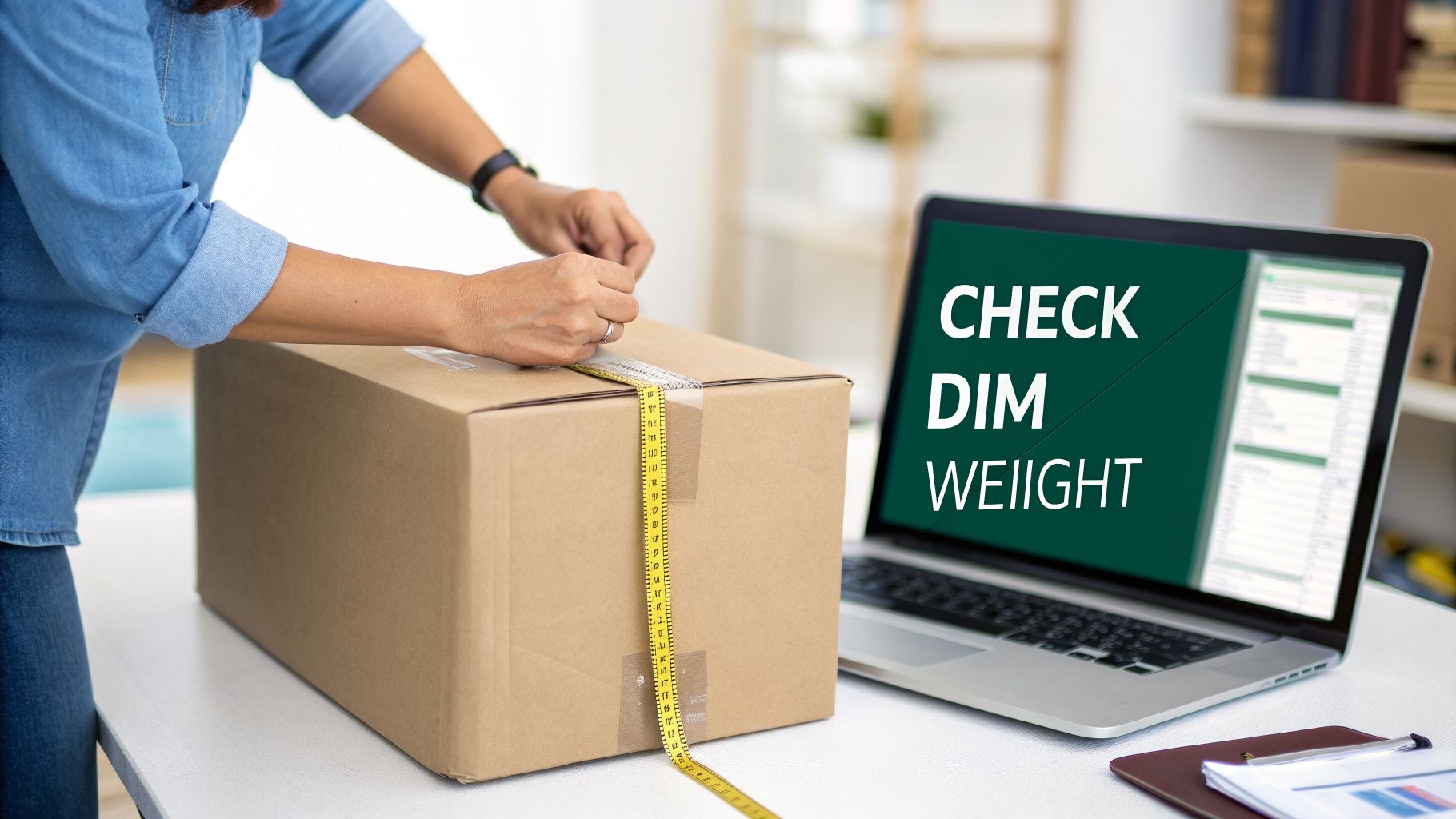 Person measuring a cardboard box with a tape measure, checking dimensional weight on a laptop.